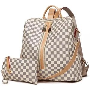 Checkered backpack with wristlet AND zipper wallet